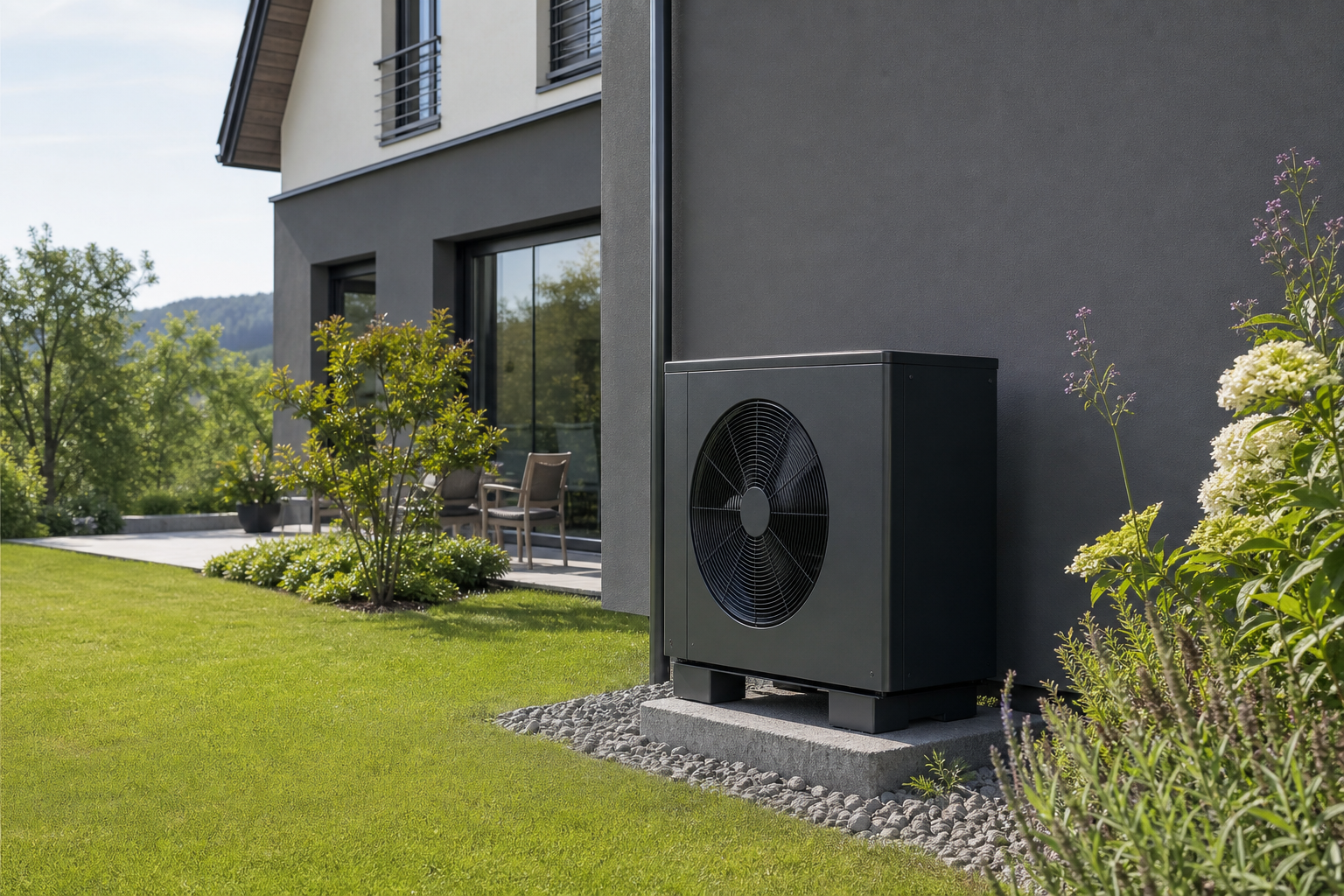 Wärmepumpe Außeneinheit mit Schallschutz am Haus in NRW